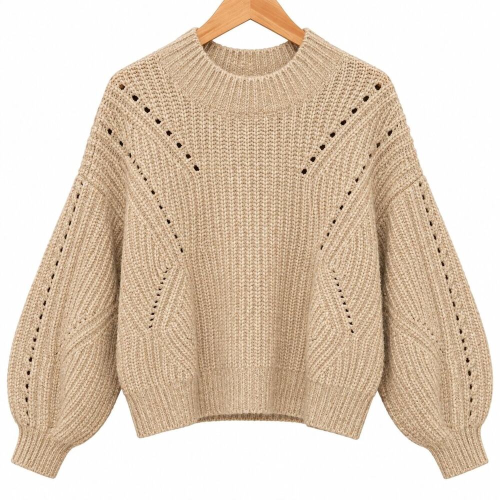 LOFT Sweater Womens 2XL Beige Mock Neck Chunky Knit Cotton Merino Wool Blend NWT